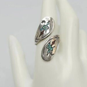 Vintage Navajo Sterling Silver Blue Turquoise Red Coral Inlay Wrap 9.5 Ring